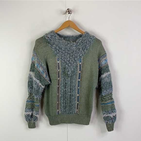 Homemade textured Sweater, muted green & blue size m/L w/feathers! nwt - Picture 10 of 10